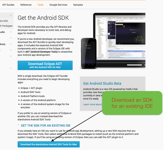 Figure 1: Download a stand-alone-Android SDK appropriate to your operating system