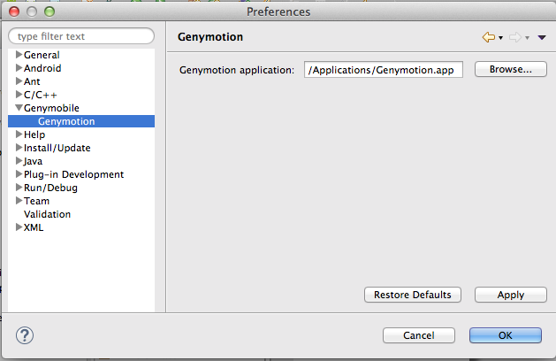 Figure 2: Configuring Genymotion plugin in Eclipse preferences