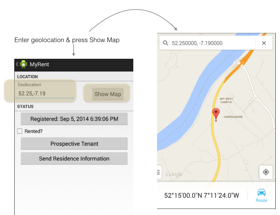 Figure 3: Sample map-enabled app using Google Maps application
