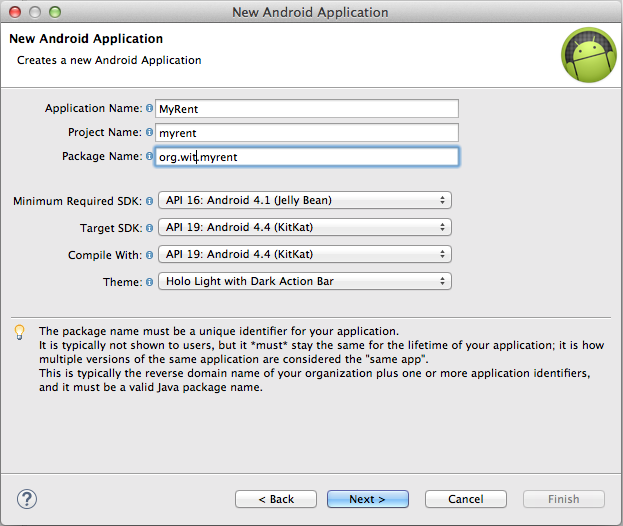 Figure 2: New Android Application window