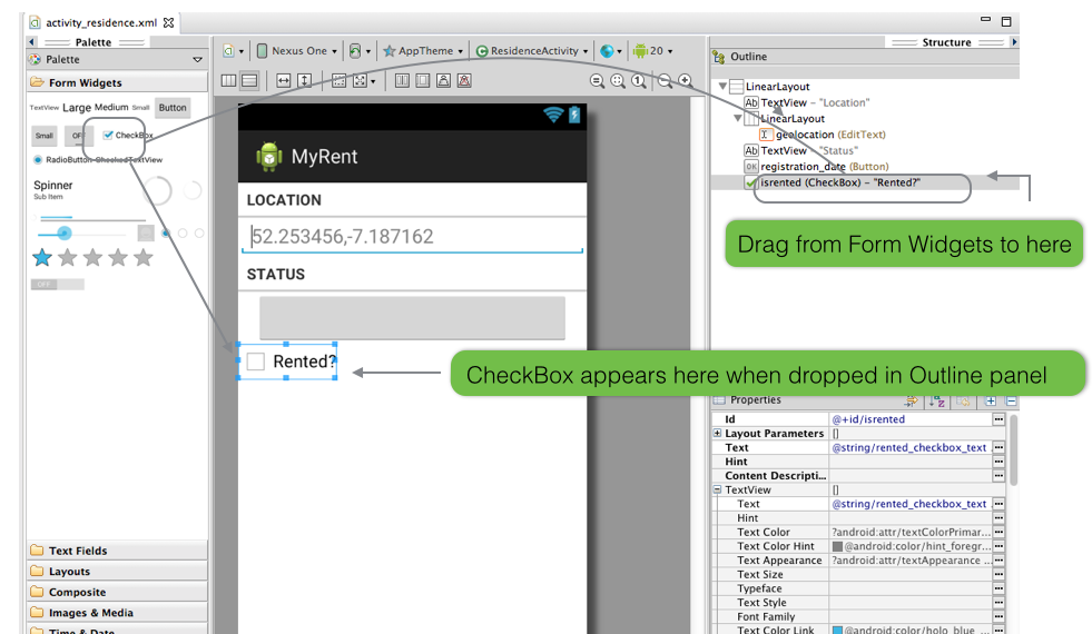 Figure 2: Drag and drop CheckBox widget directly underneath registration_date button