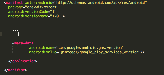 Figure 6: Addition to manifest file to facilitate use of google play services library